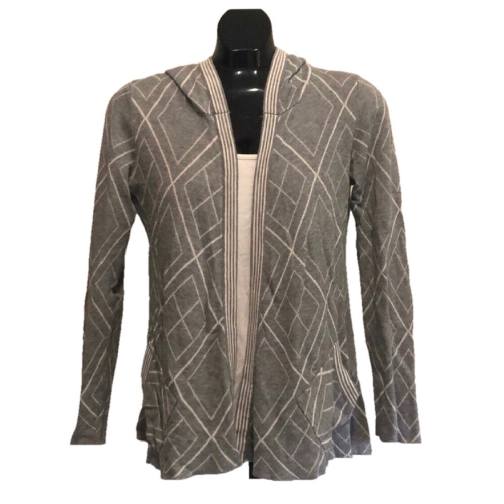 Belldini Grey and White Open Front Cardigan with Hood